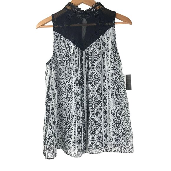 NWT iZ Byer Womens M Black Lace Blouse Aztec Tank Top Sleeveless Floral Casual - Picture 1 of 11